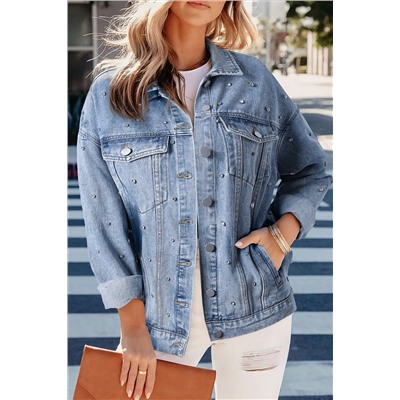 Mist Blue Rhinestones Studded Denim Jacket