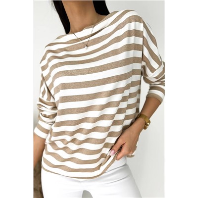 Khaki Striped Boat Neck Long Sleeve Top