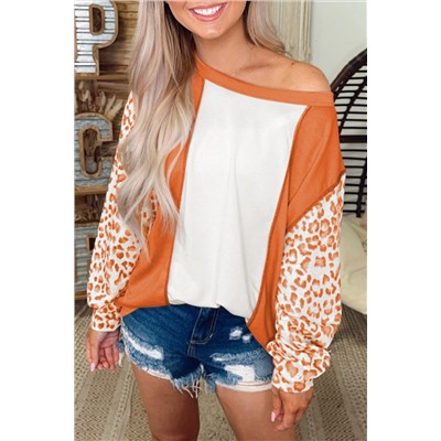 Orange Colorblock Leopard Sleeve Patchwork Top