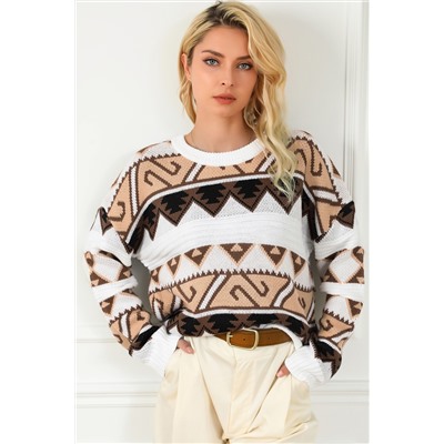 Multicolor Geometric Print Crew Neck Drop Shoulder Sweater