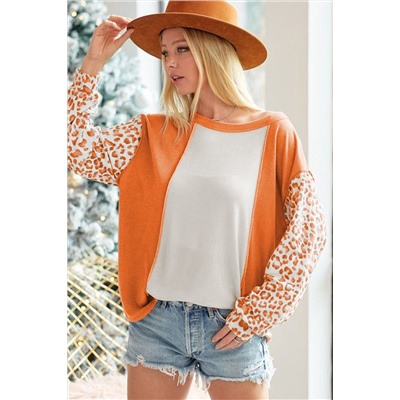 Orange Colorblock Leopard Sleeve Patchwork Top