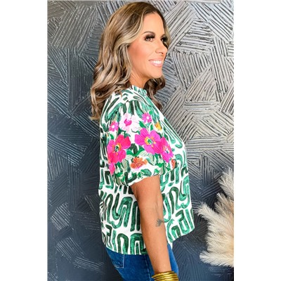 Blackish Green Embroidered Puff Sleeve Frilled Neck Printed Top