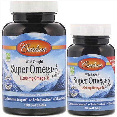 Carlson Labs, Wild Caught Super Omega-3 Gems, высокоэффективная омега-3 из морской рыбы, 1200 мг, 100 плюс 30 капсул