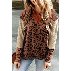 Brown Textured Knit Patchwork Leopard Hoodie