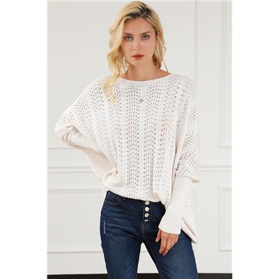 Beige Ribbed Hollow Knit Dolman Sleeve Sweater