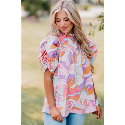 Pink Abstract Print Bubble Sleeve Smock Detail Blouse