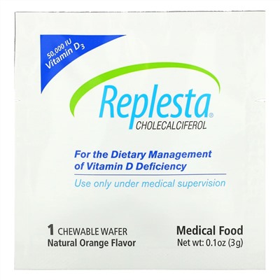 Replesta, Витамин D3, холекальциферол, с натуральным апельсином, 50 000 МЕ, 4 жевательных пластинки