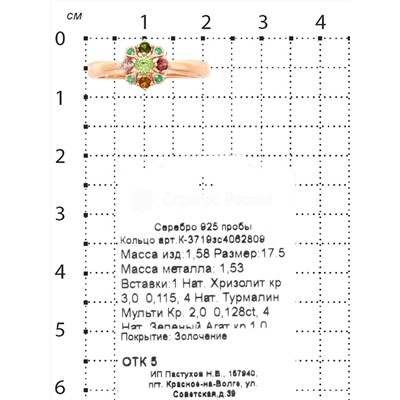Кольцо из золочёного серебра с нат.хризолитом, нат.турмалином и нат.зелёным агатом 925 пробы К-3719зс4062809