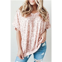 Pink Leopard Print Loose Fit V Neck T Shirt