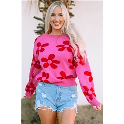 Rose Big Flower Knit Ribbed Trim Sweater