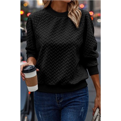 Black Solid Textured Raglan Sleeve Pullover Sweatshirt