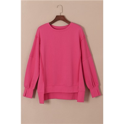 Rose Exposed Seam Drop Shoulder Slit High Low Hem Sweatshirt