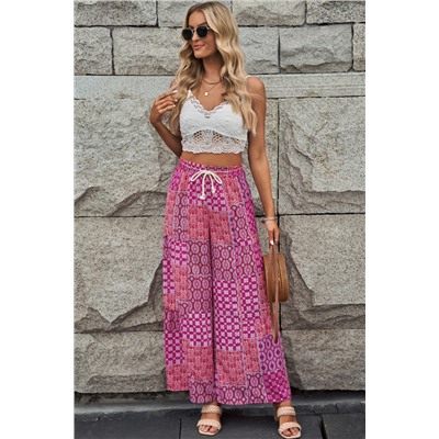 Purple Boho Patchwork Print Drawstring Wide Leg Pants