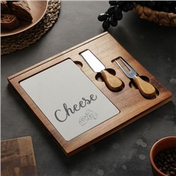 Набор для подачи сыра «Мрамор», 2 ножа, доска квадратная, акация
