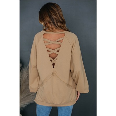 Light French Beige Solid Color Lattice Hollow Out Back Sweatshirt