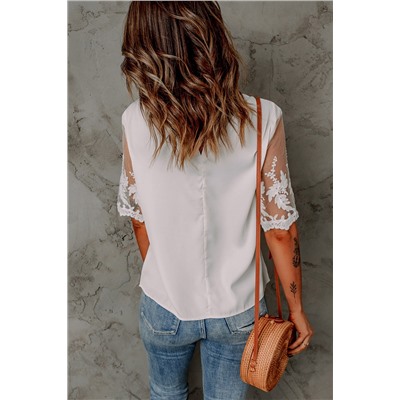 White Floral Lace Sleeve Patchwork Top