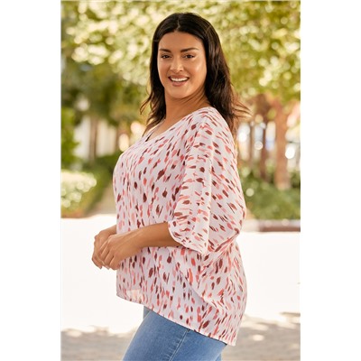 Pink Printed 3/4 Dolman Sleeve Plus Size Blouse