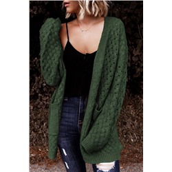 Green Open Front Woven Texture Knitted Cardigan with Pockets