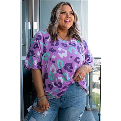 Purple Leopard Kiss Print Plus Size Short Sleeve Tee