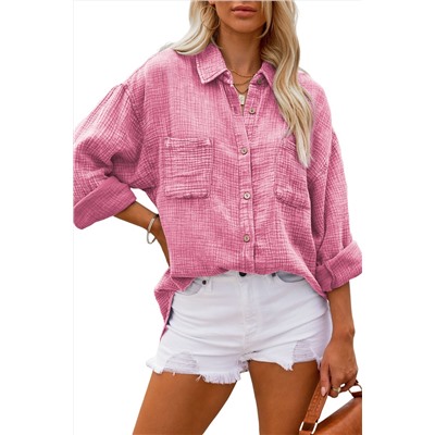 Pink Mineral Wash Crinkle Textured Chest Pockets Shirt