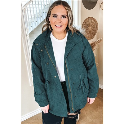 Green Plus Size Button Zipped Corduroy Jacket