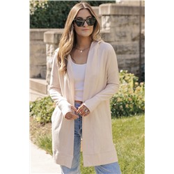 Apricot Open Front Hooded Long Cardigan with Slits