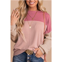 Pink Color Block Long Sleeve Ribbed Loose Top