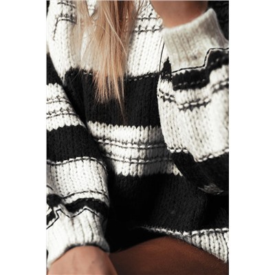 Black Stripe Striped Knit Puff Sleeve Casual Sweater