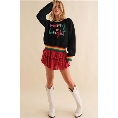 Black Glitter Merry & Bright Colorful Stripes Trim Sweater