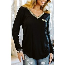 Black Glitter V Neck Chest Pocket Long Sleeve Top