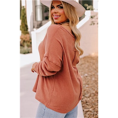 Gold Flame Plus Size Exposed Seam V Neck Long Sleeve Top