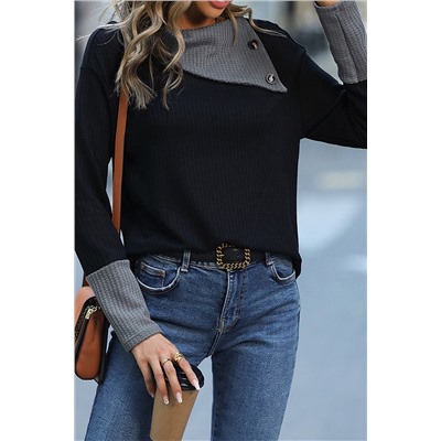 Black Waffle Knit Patchwork Colorblock Asymmetrical Neck Top