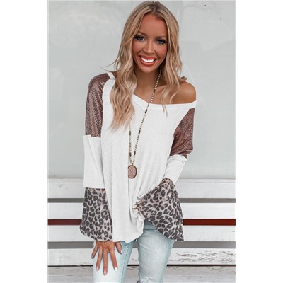 White Sequin Patchwork Bell Sleeve V Neck Tunic Top