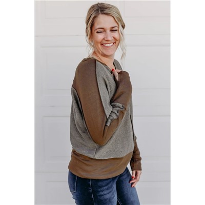 Brown Contrast Patchwork Thumbhole Sleeve Top