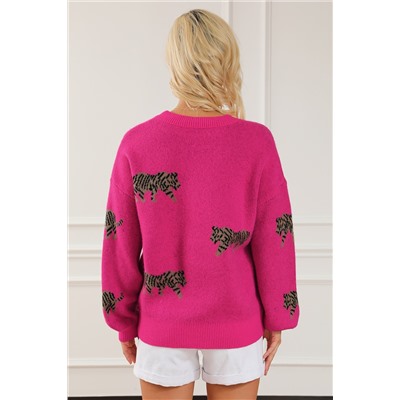 Rose Red Fierce Animal Pattern Casual Knitted Sweater