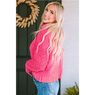 Pink Ribbed Turtleneck Fuzzy Sleeve Knit Sweater