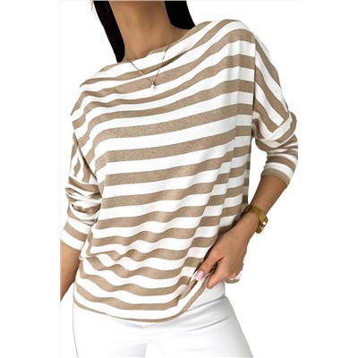 Khaki Striped Boat Neck Long Sleeve Top