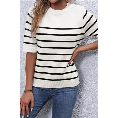 White Stripe Striped Half Sleeve Knitted Tee