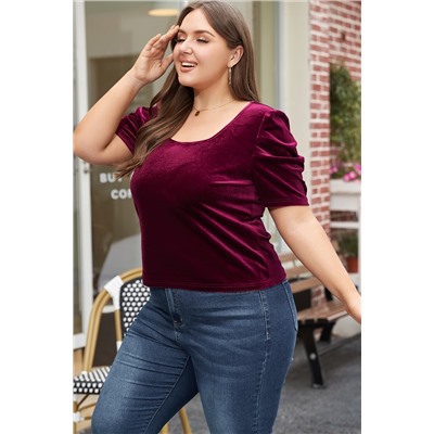 Burgundy Velvet Bubble Sleeve U Neck Plus Size Top