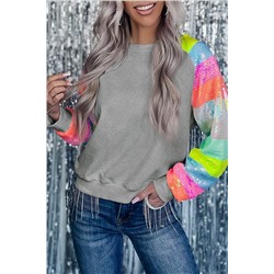 Gray Sequin Color Block Raglan Sleeve Pullover Sweatshirt