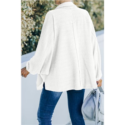 White Plus Size Long Sleeve Flap Pocket Henley Top