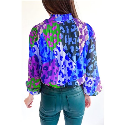 Sky Blue Leopard Patchwork Print Pleated Blouse