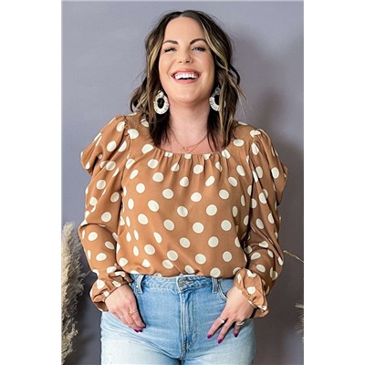 Khaki Plus Size Polka Dot Ruched Neckline Puff Sleeve Blouse