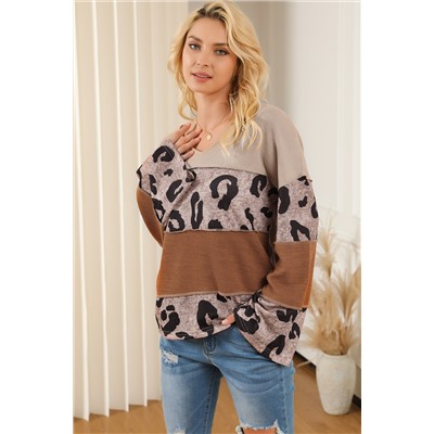 Leopard Colorblock Patchwork V-Neck Loose Sleeve Knit Top