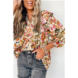 Multicolour Abstract Print 3/4 Puff Sleeve Ruffle Blouse