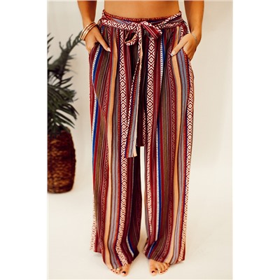 Red Boho Ethnic Striped Print Tie Waist Wide Leg Pants