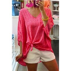 Rose Leopard Print Oversized Half Sleeve V Neck Top