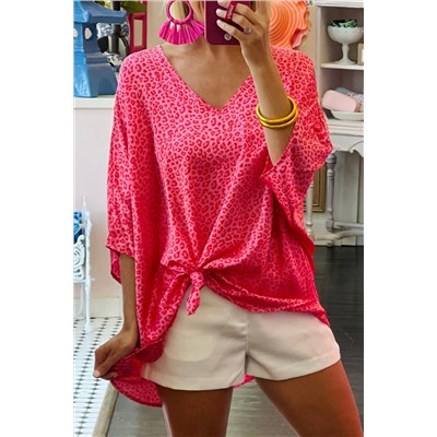 Rose Leopard Print Oversized Half Sleeve V Neck Top