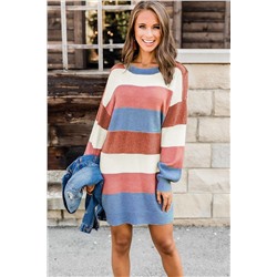 Разноцветное полосатое вязаное платье-свитер