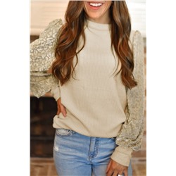 Apricot Leopard Print Long Sleeve Ribbed Knit Blouse